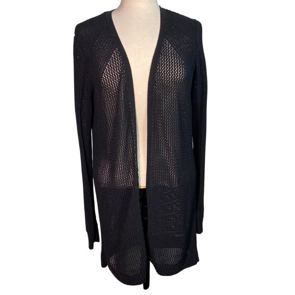 Athleta Womens Black Open-Knit Long Cardigan Sweater Large stretch casual comfy - Picture 3 of 8